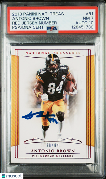 2018 Panini National Treasures Antonio Brown #81 Red Jersey Number /84 PSA 7 Auto 10