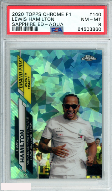 2020 TOPPS CHROME F1 LEWIS HAMILTON #140 SAPPHIRE ED-AQUA 79 OF 99 PSA 8 NM-MT