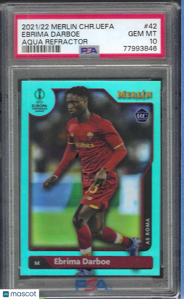 2021-2022 Topps Merlin Chrome UEFA League Ebrima Darboe #42 Aqua Refractor PSA 10