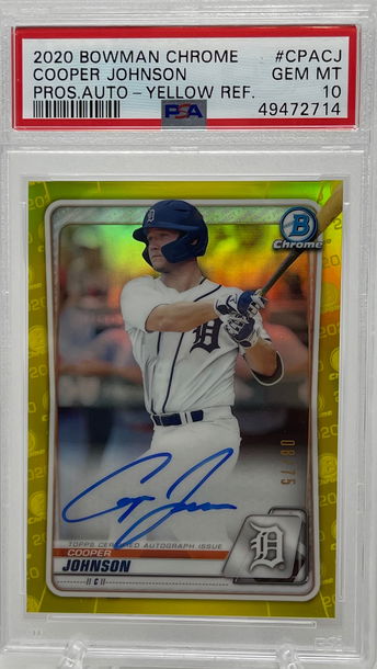 2020 Bowman Chrome Cooper Johnson Auto -Yellow Refractor PSA 10 GEM MT /75 SP POP 1