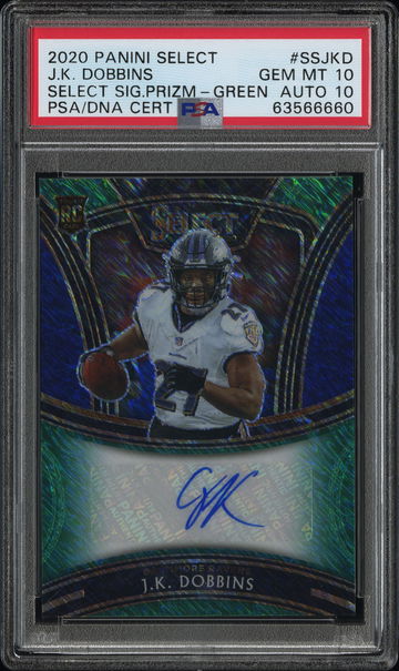 2020 Panini Select Green J.K. Dobbins #SSJKD RC Auto /5 PSA 10 Auto 10