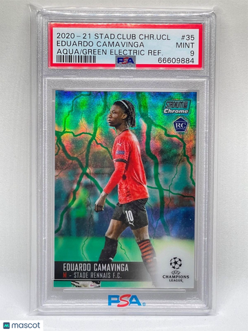 2020 Stadium Club Chrome UEFA Champions League Eduardo Camavinga #35 Aqua Green Electric Refractor PSA 9
