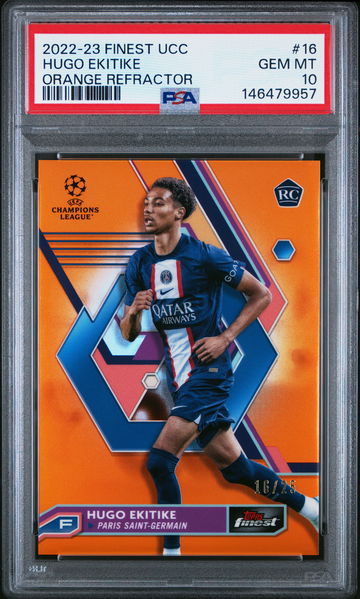 2022-23 TOPPS FINEST UEFA UCC HUGO EKITIKE #/25 ORANGE #16 RC ROOKIE PSA 10