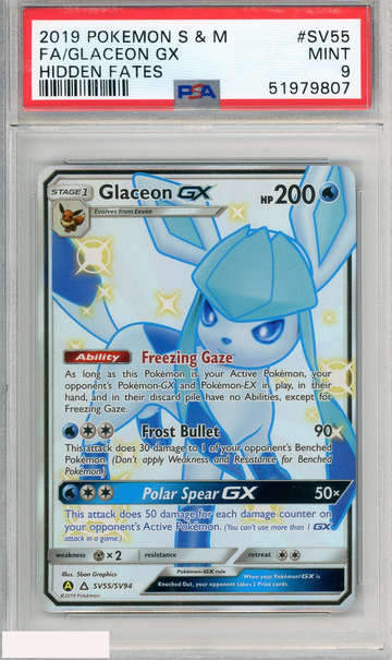 2019 POKEMON SUN MOON HIDDEN FATES FA GLACEON GX #SV55 PSA 9 MINT