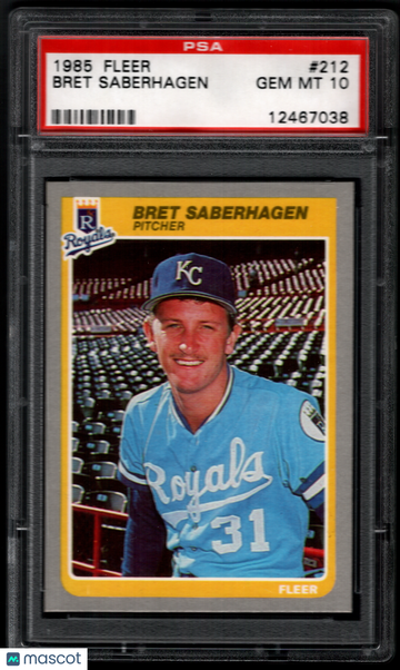 1985 Fleer Bret Saberhagen #212 Rookie Trading Card PSA 10 Kansas City Royals MLB