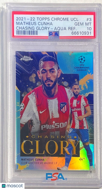 2021 Topps Chrome UEFA Champions League Chasing Glory Matheus Cunha #3 Aqua Refractor PSA 10