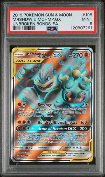 2019 Pokemon Sun and Moon Unbroken Bonds Machamp/Marshadow Gx #198 PSA 9