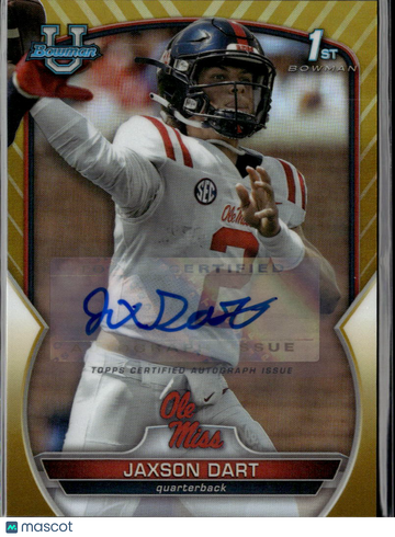 Jaxson Dart 2022 Bowman University 1st Bowman Auto Gold Refractor Ole Miss Rebels