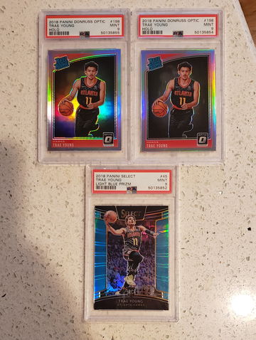 2018-19 Optic Holo and Blue Prizm #/299 Trae Young Rookie Card LOT OF 3 - PSA 9