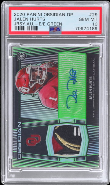 2020 Panini Obsidian Draft Picks Jalen Hurts Jersey Autograph Electric Etch Green PSA 10 RC