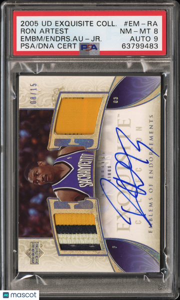 2005 UD Exquisite Collection Emblems Of Jersey Autographs Ron Artest #EM-RA Embm Endrs. Au JR. /15 Short Print Nicely Ce