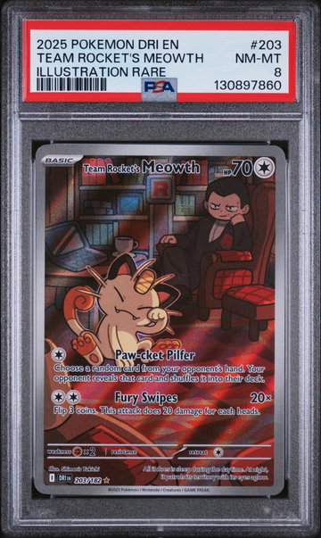 2025 Pokemon Scarlet and Violet Destined Rivals Illustration Rare Team Rocket's Meowth #203 PSA 8