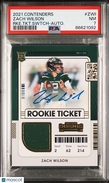 2021 Panini Contenders Rookie Ticket Swatches Zach Wilson #ZWI RKE. TKT. Swtch Autograph PSA 7