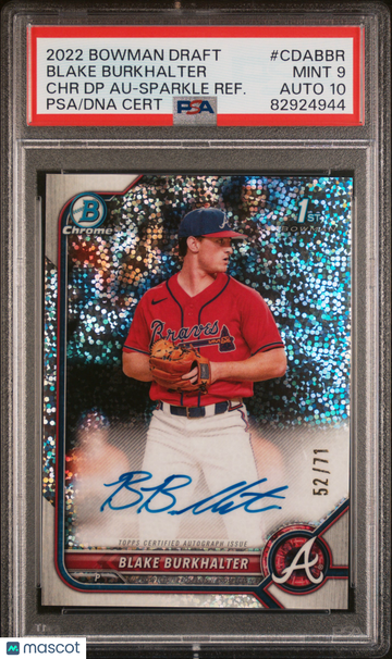 2022 Bowman Draft Chrome Draft Pick Autographs Blake Burkhalter #CDABBR DP Sparkle Refractor /71 PSA 9 Auto 10