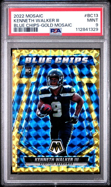 2022 Panini Mosaic Blue Chips Gold Mosaic Kenneth Walker III #BC13 RC /10 PSA 9