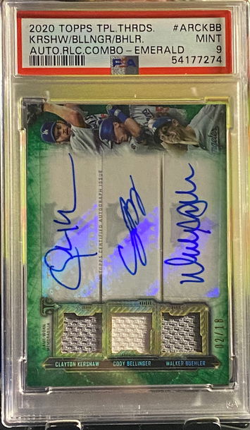 2020 Topps Triple Threads Clayton Kershaw Cody Bellinger Walker Buehler auto relic #'d 2/18 Pop 1 none higher