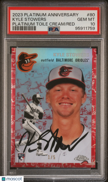 2023 Topps Chrome Platinum Anniversary Kyle Stowers #80 PLT Toile Cream Red Ref /5 PSA 10