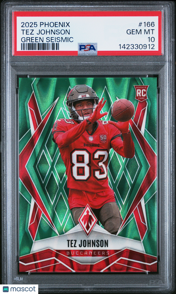 2025 Panini Phoenix Tez Johnson #166 Green Seismic /25 Rookie PSA 10