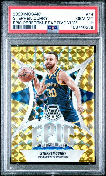 2023 Panini Mosaic Epic Performers Reactive Yellow Stephen Curry #14 /99 PSA 10