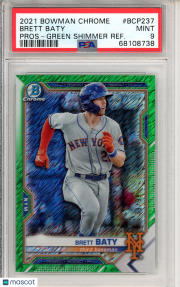 Graded 2021 Bowman Chrome Prospects Brett Baty BCP237 Green Shimmer /99 PSA 9 Mets Baseball Card