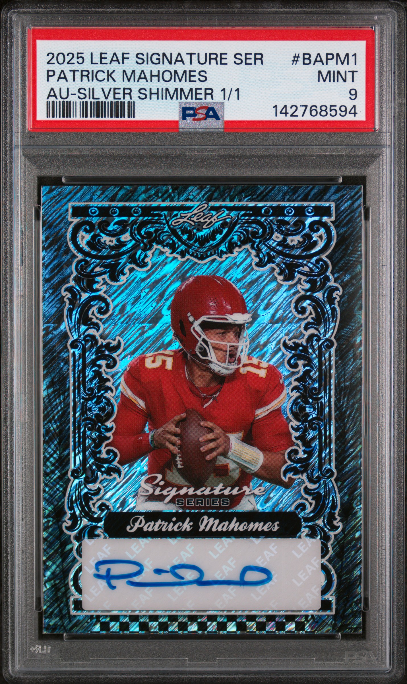 2025 Leaf Signature Series Autographs Patrick Mahomes Silver Shimmer 1/1 PSA 9