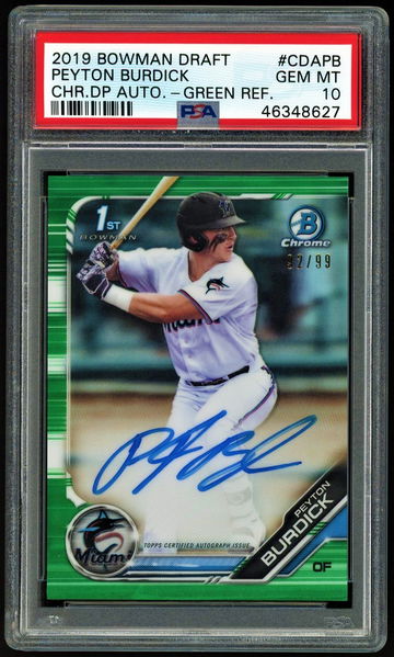 2019 Bowman Chrome PEYTON BURDICK Green Refractor Auto RC PSA 10 Autograph #92/99 Miami Marlins