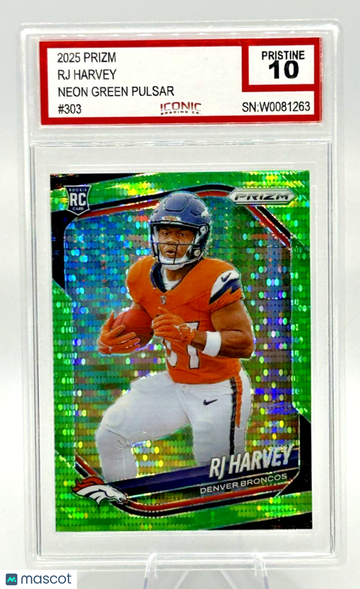 Graded 2025 Panini Prizm Neon Green Pulsar Prizm #303 RJ Harvey RC PSA 10 Broncos Football Card