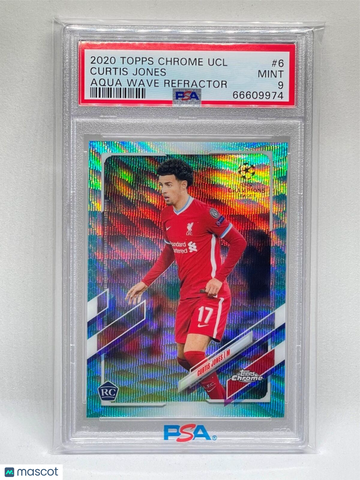 2020 Topps Chrome UEFA Champions League Curtis Jones #6 Aqua Wave Refractor PSA 9