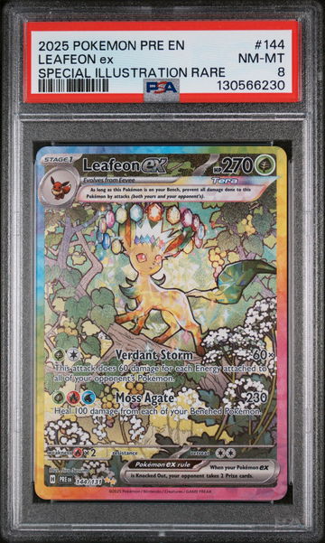 2025 Pokemon Scarlet and Violet Prismatic Evolutions Special Illustration Rare Leafeon Ex #144 PSA 8