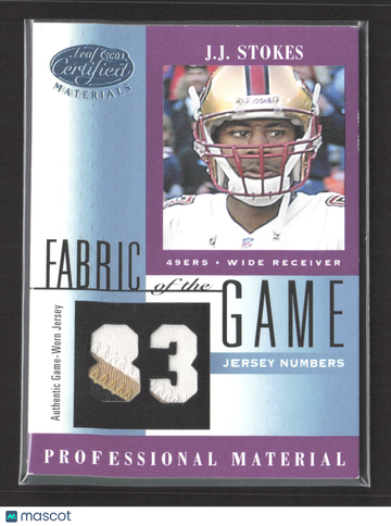 2001 Leaf Certified Materials Fabric of the Game J.J. Stokes #FG-122 /83 Jersey Numbers Authentic Game-Worn Jersey