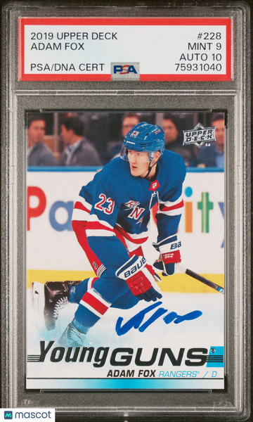 2019-20 Upper Deck Adam Fox #228 Young Guns Rookie PSA 9 Auto 10