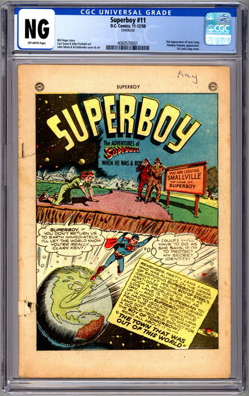SUPERBOY #11 CGC -NG- 1ST LANA LANG CVR 2ND APP CURT SWAN ART -COVERLESS- 1950
