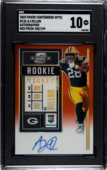 2020 Panini Contenders Optic AJ Dillon Autographed Red Prizm 102/199, SGC 10!