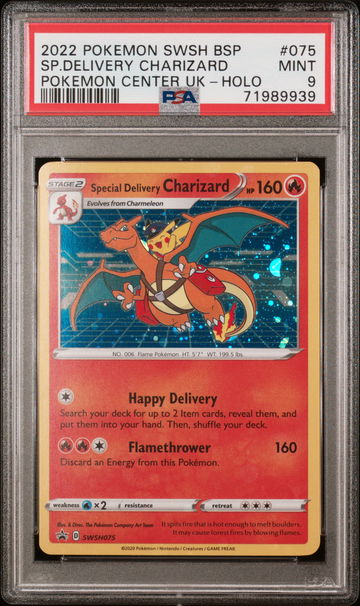 2022 Pokemon Sword and Shield Black Star Promo Pokemon Center Uk Holo Special Delivery Charizard #SWSH075 PSA 9