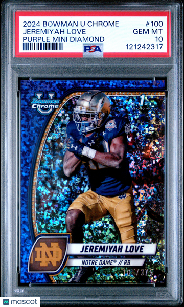 2024 Bowman University Chrome Jeremiyah Love #100 Purple Mini Diamond PSA 10