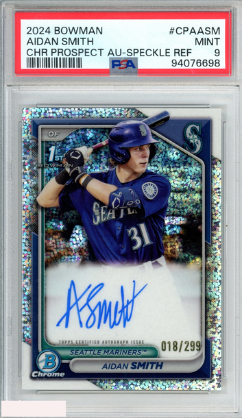 2024 BOWMAN CHROME PROSPECT AUTO AIDAN SMITH #CPAASM SPECKLE OF 299 1ST RC PSA 9