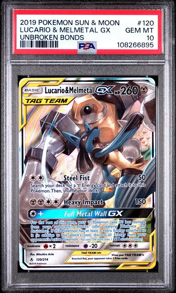 2019 Pokemon Sun and Moon Unbroken Bonds Lucario/Melmetal Gx #120 PSA 10