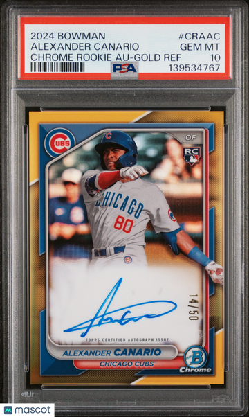 2024 Bowman Chrome Rookie Autographs Alexander Canario #CRAAC Gold Ref /50 PSA 10