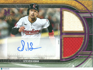 2025 Topps Museum Collection Steven Kwan #SPDRA-SK /75 Signature Swatches Dual Relic Autograph Card Game-Used Memorabili