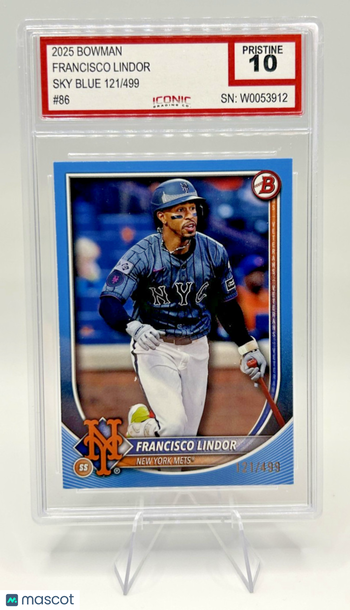 Graded 10 2025 Bowman Topps Sky Blue Parallel #86 Francisco Lindor Mets Baseball Card
