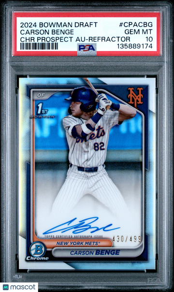 2024 Bowman Draft Chrome Prospect Autographs Carson Benge #CPACBG Refractor /499 PSA 10