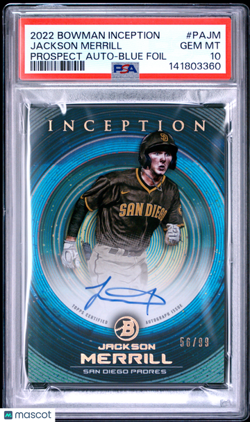 2022 Bowman Inception Prospect Autographs Jackson Merrill #PAJM Blue Foil /99 PSA 10