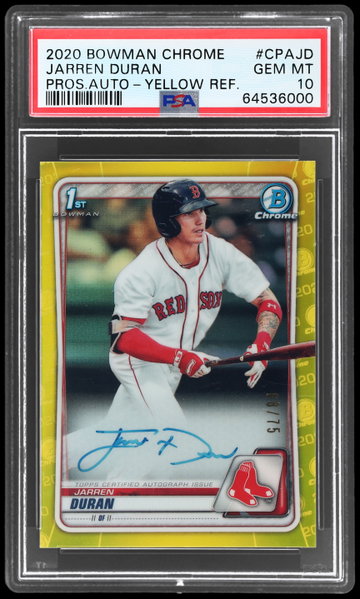 2020 Bowman Chrome Jarren Duran Prospect Autograph Yellow Refractor PSA 10