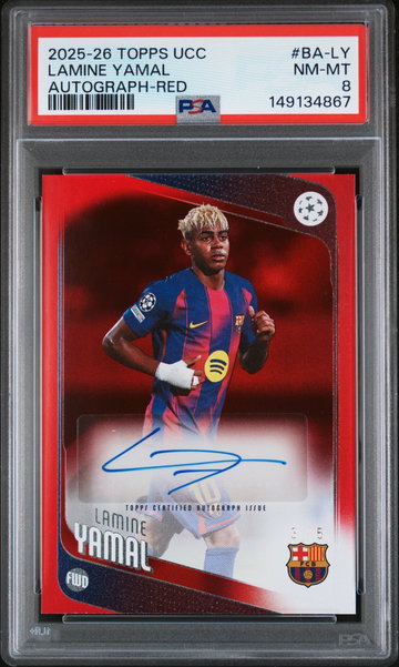 2025-2026 TOPPS UEFA CLUB COMPETITIONS LAMINE YAMAL AUTO #/5 RED #BA-LY PSA 8