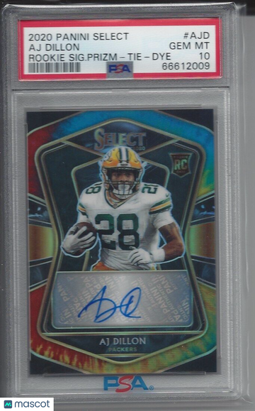 2020 Panini Select Rookie Signatures Aj Dillon #AJD SIG. Prizm Tie Dye PSA 10
