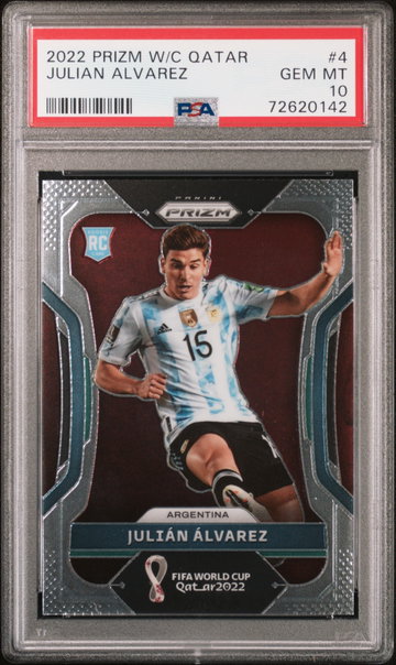 2022 PANINI PRIZM WORLD CUP QATAR JULIAN ALVAREZ #4 RC ROOKIE PSA 10