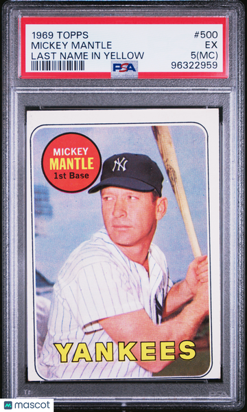 1969 Topps Mickey Mantle #500 Last Name In Yellow MC PSA 5