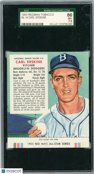 1955 Redman Tobacco Carl Erskine #NL-14 SGC 7.5