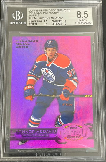 Connor McDavid 2015-16 Upper Deck Employee Exclusive Precious Metal Gems Purple Retro #UDMC Rookie RC 073/150 BGS 8.5 