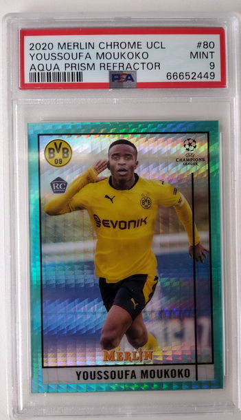 2020 Merlin Chrome UCL Youssoufa Moukoko Aqua Prism Refractor PSA 9